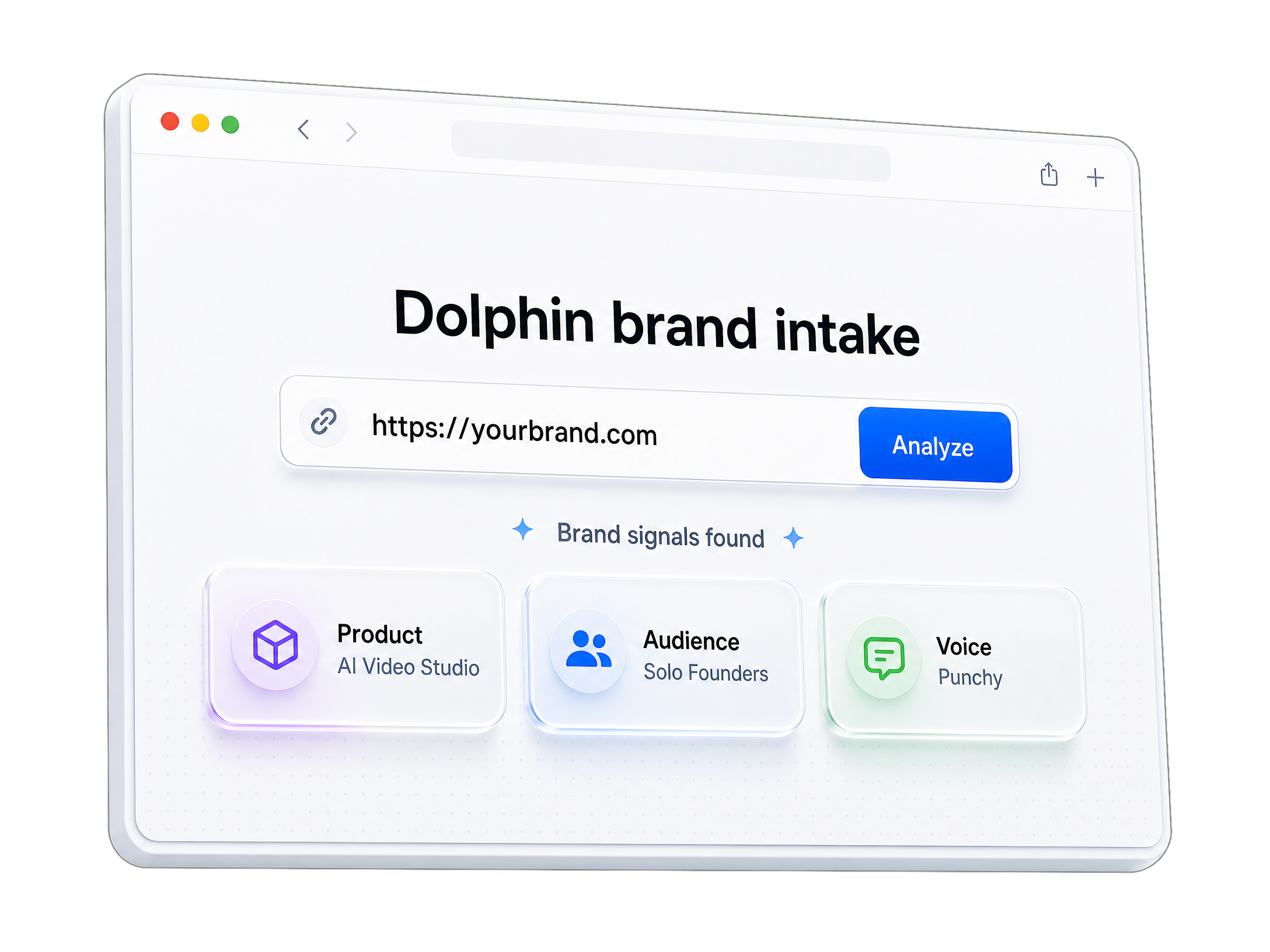 Dolphin website intake visual showing the URL field, Analyze button, and extracted brand signals.