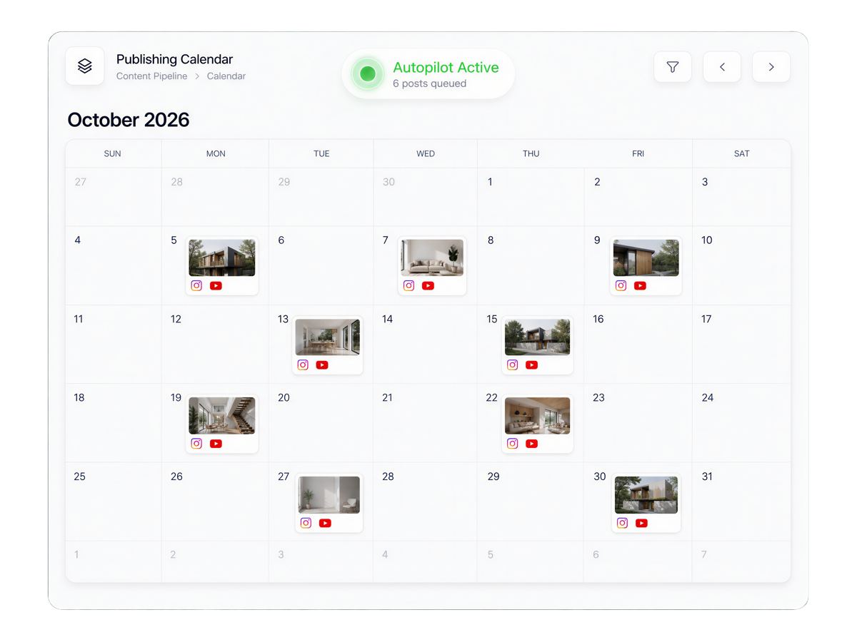 Dolphin publishing calendar visual showing scheduled posts across a weekly calendar and an active autopilot status.