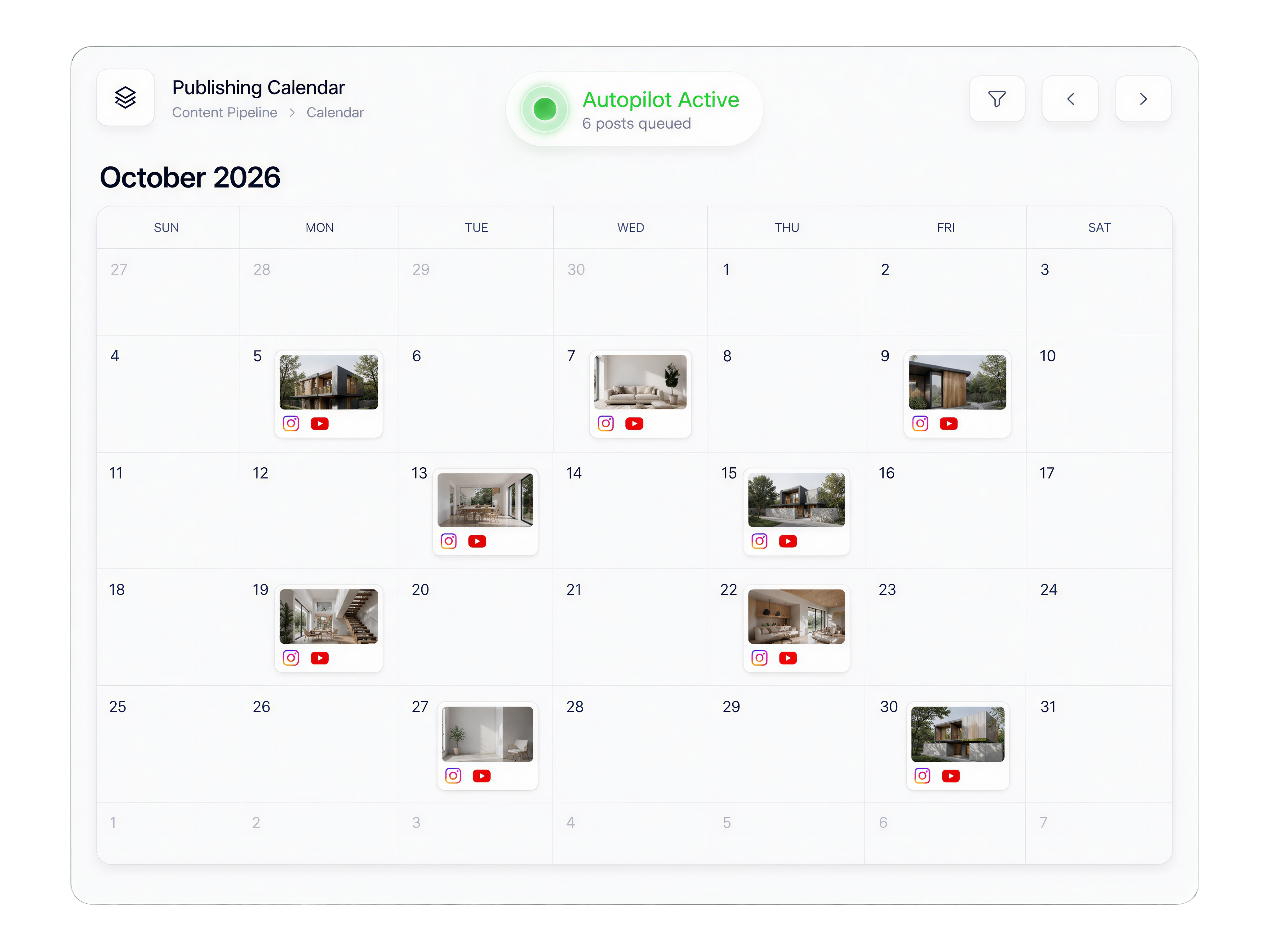 Dolphin publishing calendar visual showing scheduled posts across a weekly calendar and an active autopilot status.